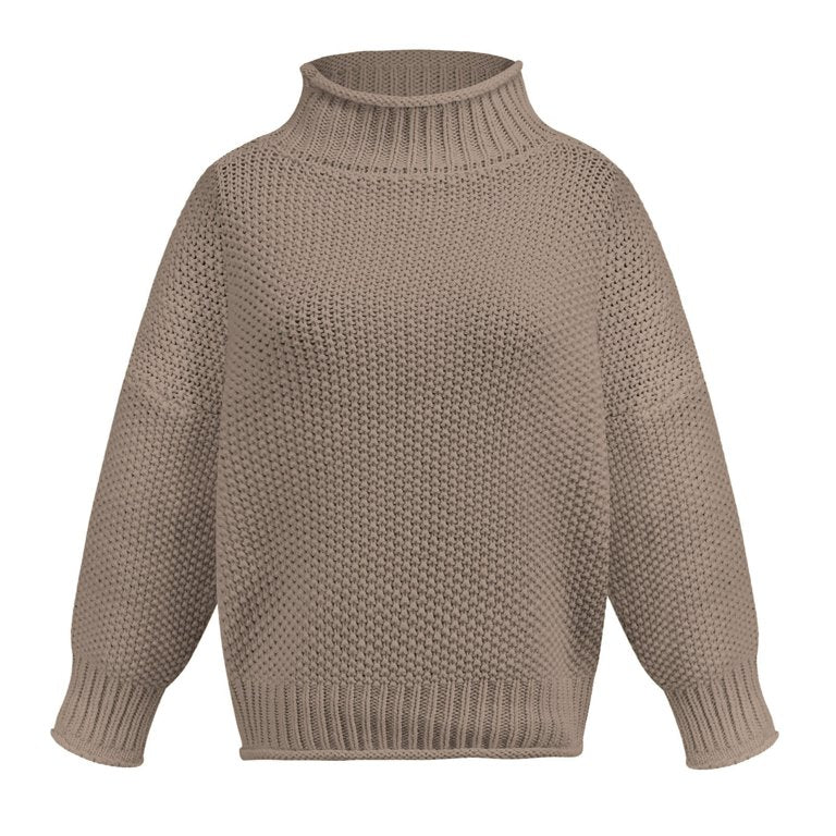 Damen Strickpullover in Beige mit Rollkragen, grobmaschig, warm und stilvoll. Perfekt für Herbstmode, gemütliche Outfits und lässigen Chic.