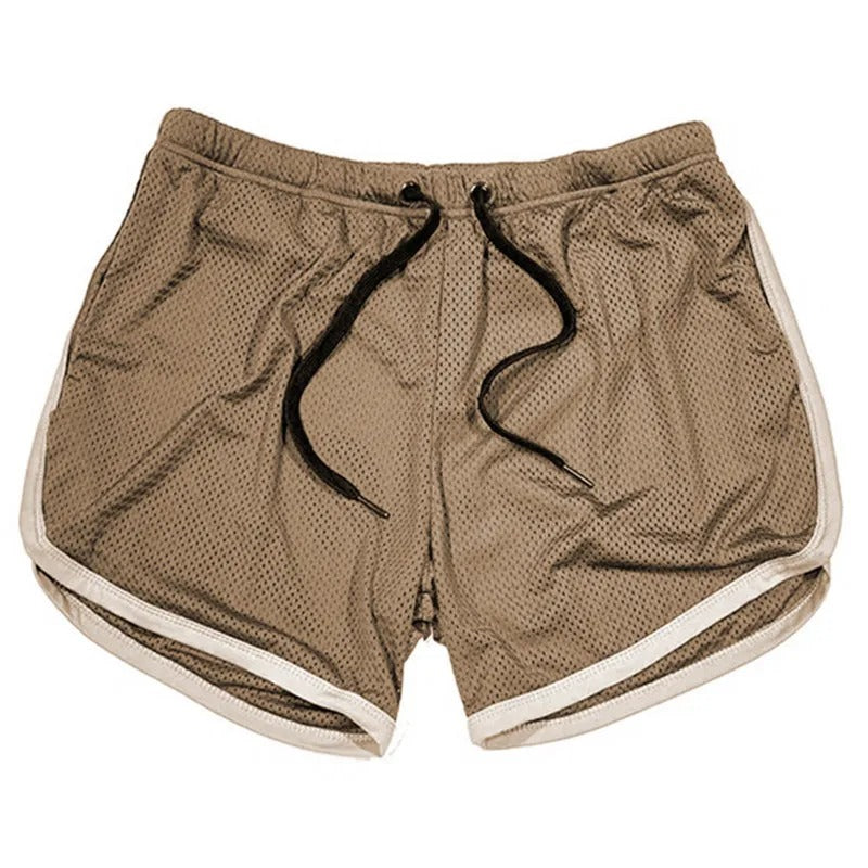 Beige Mesh-Shorts mit schwarzem Kordelzug, sportlich, atmungsaktiv, Herrenmode.