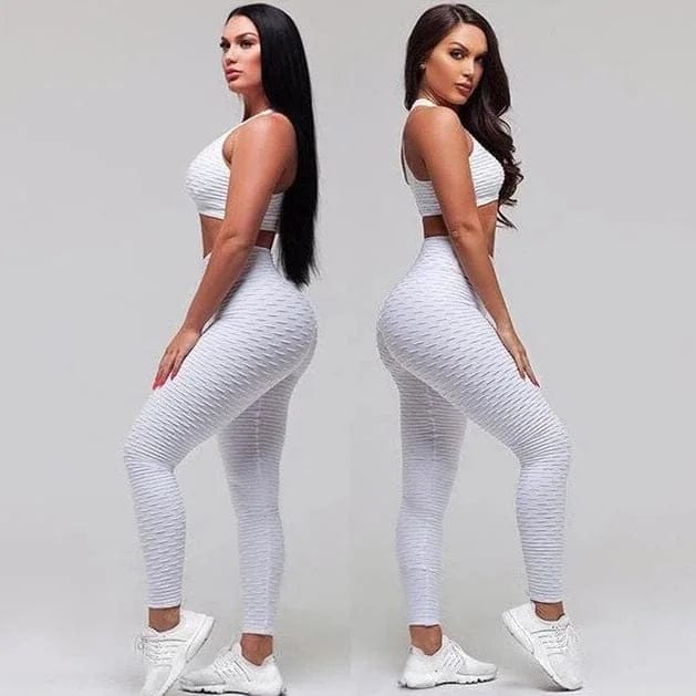 Weißes Sport-Set mit V-Ausschnitt für Damen, bestehend aus Leggings und Top. Ideal für Fitness, Yoga und Freizeit. Bequem und stilvoll.