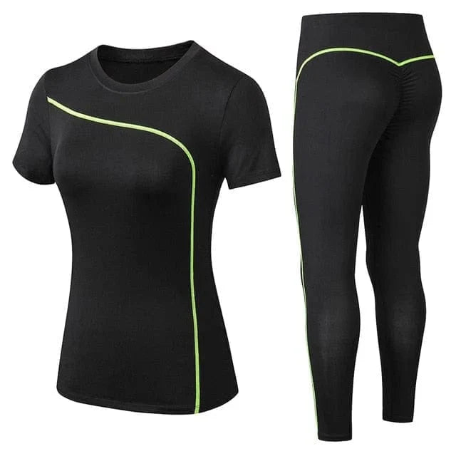 Damen Sportset in Schwarz mit grünem Zierstreifen, bestehend aus T-Shirt und Leggings. Ideal für Fitness, Yoga und Laufen.
