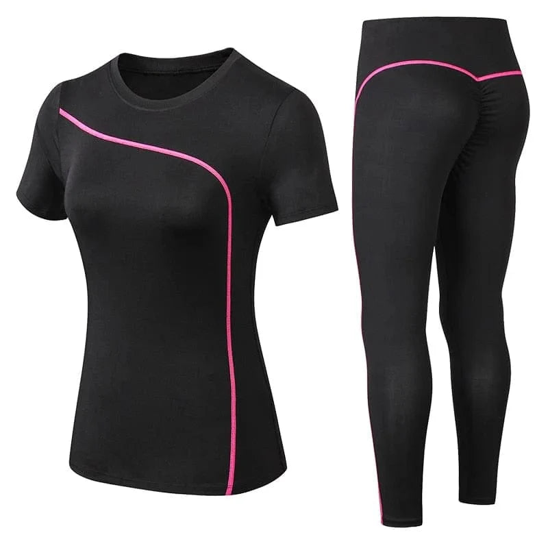 Damen Sportset in Schwarz mit rosa Zierstreifen, bestehend aus T-Shirt und Leggings. Ideal für Fitness, Yoga und Sportbekleidung.
