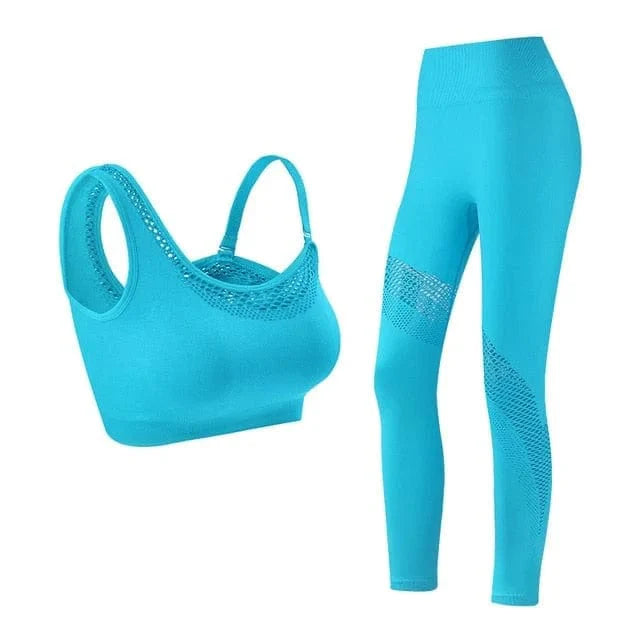 Damen Sportset in Blau, bestehend aus nahtlosem Sport-BH und Leggings. Ideal für Fitness, Yoga und Training. Atmungsaktiv und elastisch.
