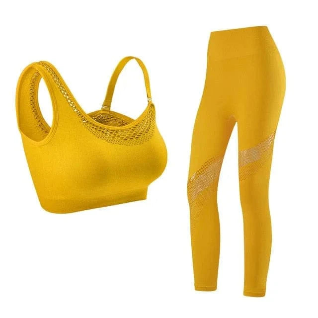 Gelbes Sportset für Damen, bestehend aus nahtlosem Sport-BH und Leggings. Ideal für Yoga und Fitness. Atmungsaktiv, elastisch, modisch.