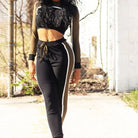 Damen Sportset, schwarz, enges Oberteil, lange Hose, modisch, bequem, ideal für Fitness, Yoga, Freizeit, atmungsaktiv, elastisch.
