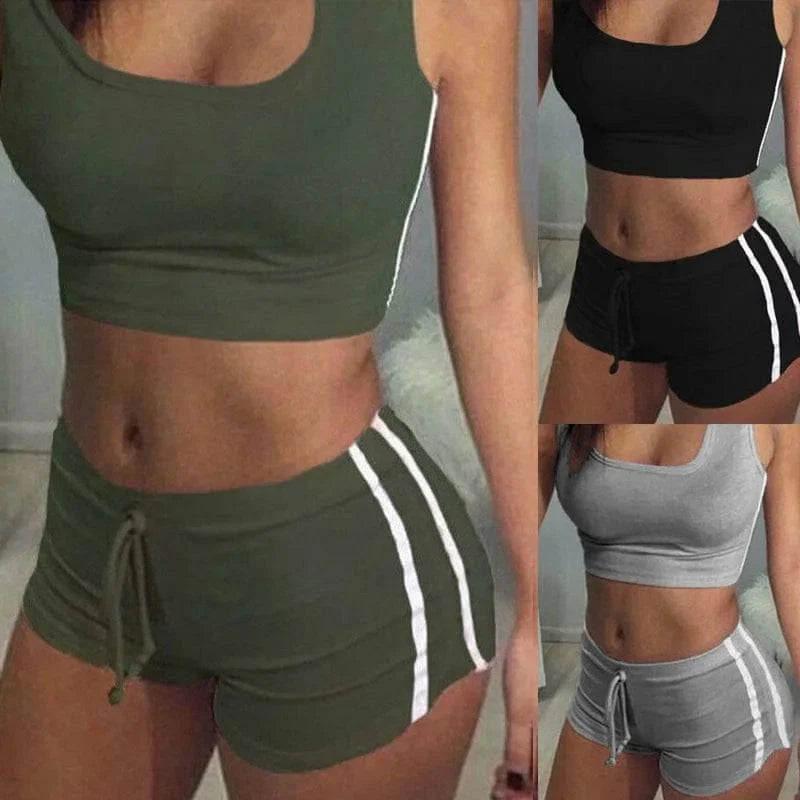Damen Sportset, kurz, grün, schwarz, grau, mit Top und Shorts. Ideal für Fitness, Yoga, Laufen. Bequem, modisch, atmungsaktiv.
