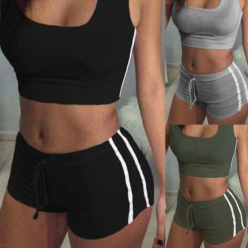 Damen Sportset, kurz, in Schwarz, Grau und Grün. Ideal für Fitness, Yoga und Laufen. Bequemes Material, modisches Design, perfekte Passform.