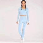 Damen Sportset Blau, Langarm Crop-Top und Leggings, Fitnessmode, Atmungsaktiv, Yoga-Outfit, Bequem, Trendy, Sportbekleidung.