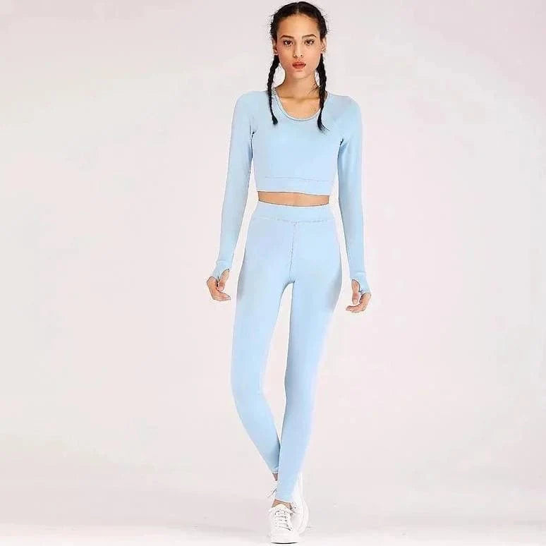Damen Sportset Blau, Langarm Crop-Top und Leggings, Fitnessmode, Atmungsaktiv, Yoga-Outfit, Bequem, Trendy, Sportbekleidung.