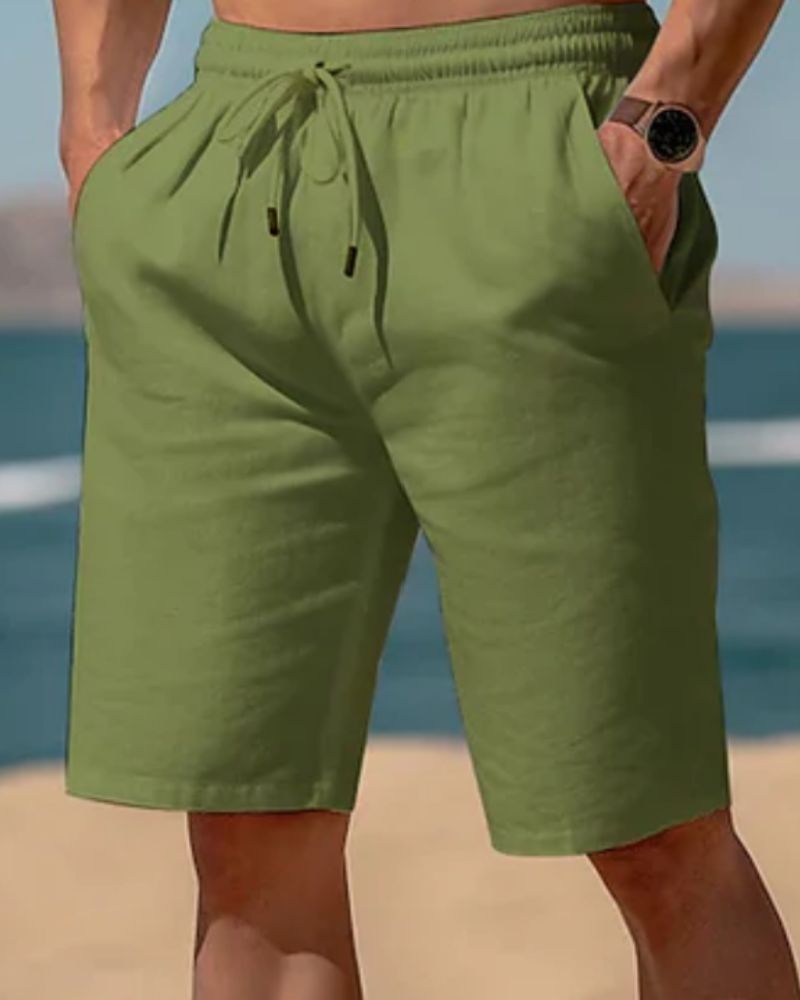 Grüne Leinen-Sommershorts für Herren, elegant, bequem, mit Kordelzug, ideal für Strand.