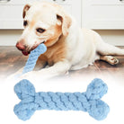 Hund spielt mit blauem Kauspielzeug in Knochenform. Robustes Hundespielzeug, ideal für Zahnpflege und Kauspaß. Perfekt für aktive Hunde.