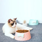 Katzennapf mit Schleife, rosa, gefüllt mit Trockenfutter. Perfekt für stilvolle Haustierfütterung. Katzenzubehör, Futternapf, Haustierbedarf.