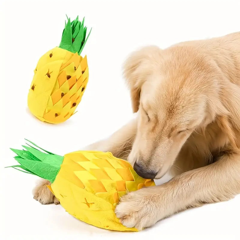 Hund spielt mit Ananas-förmigem Hundespielzeug aus Plüsch. Perfektes interaktives Kauspielzeug für Hunde, langlebig und unterhaltsam.