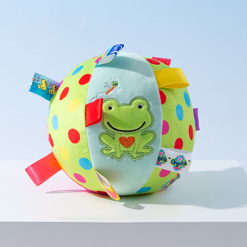 Bunter Babyball mit Froschmotiv, weichem Stoff und bunten Bändern. Perfektes Spielzeug für Babys, fördert sensorische Entwicklung.