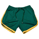 Grüne Sportshorts mit gelbem Rand, atmungsaktiv, ideal für Fitness und Laufen.