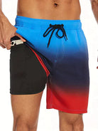 Bunte Herren-Badeshorts mit Kordelzug, Handyfach, blau-rot Farbverlauf, Strandmode.