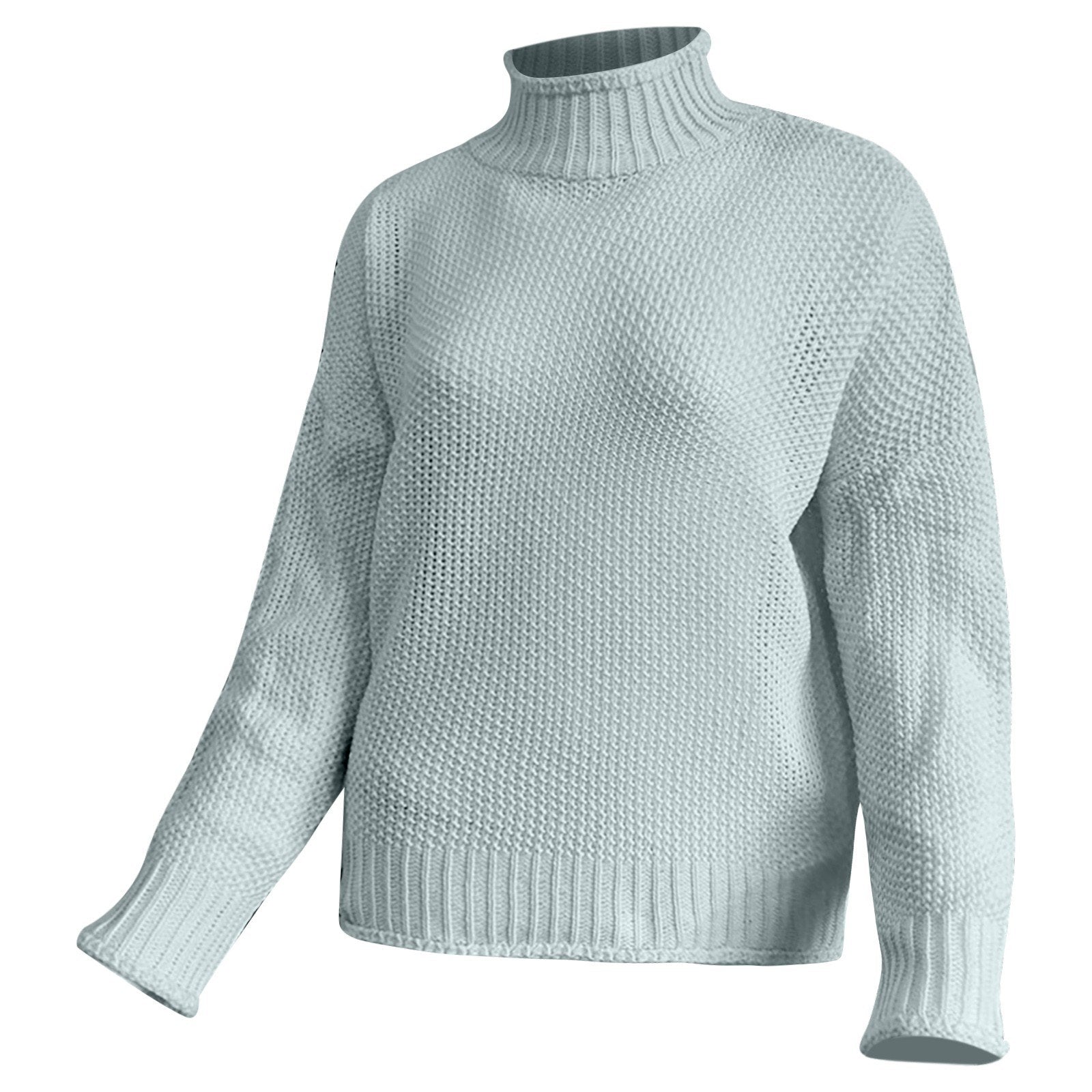 Damen-Pullover in Hellblau, Strickmuster, Rollkragen, langärmlig. Modischer Strickpullover, ideal für Herbst und Winter. Hochwertige Damenmode.