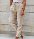 Beige Leinenhose Damen, lässig und bequem, ideal für Sommermode. Perfekt für Freizeit und Strand, mit elastischem Bund und Taschen.