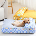 Hund auf orthopädischem Hundebett, blau kariert, bequem, waschbar, für kleine Hunde.