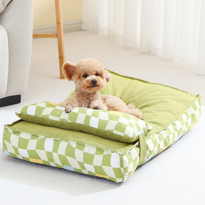 Kleiner Hund auf grün-weiß kariertem orthopädischem Hundebett im Wohnzimmer.