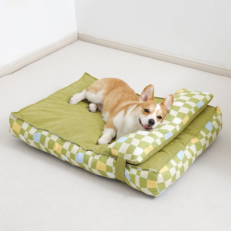 Corgi auf grünem orthopädischen Hundebett mit kariertem Muster, bequemes Haustierbett.