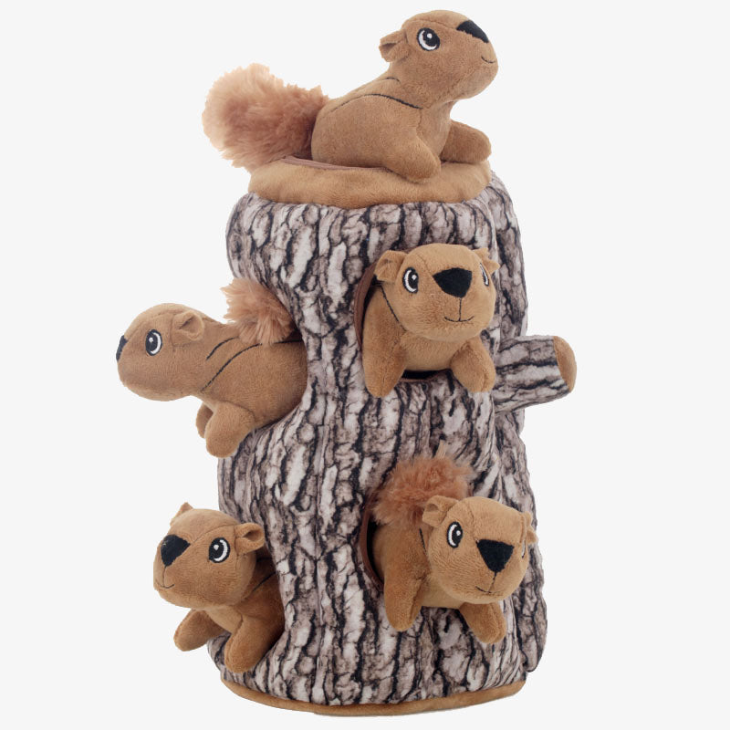 Plüschspielzeug für Hunde, Eichhörnchen im Baumstamm, interaktives Hundespielzeug, braun.