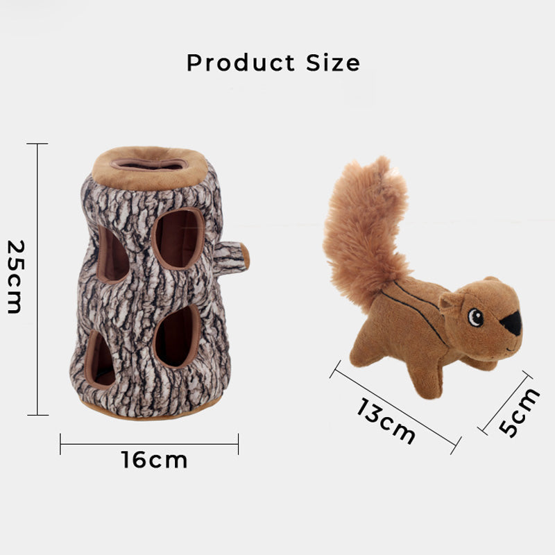 Hundespielzeug Baumstamm mit Eichhörnchen, Plüsch, 25cm, interaktives Enrichment-Spielzeug.