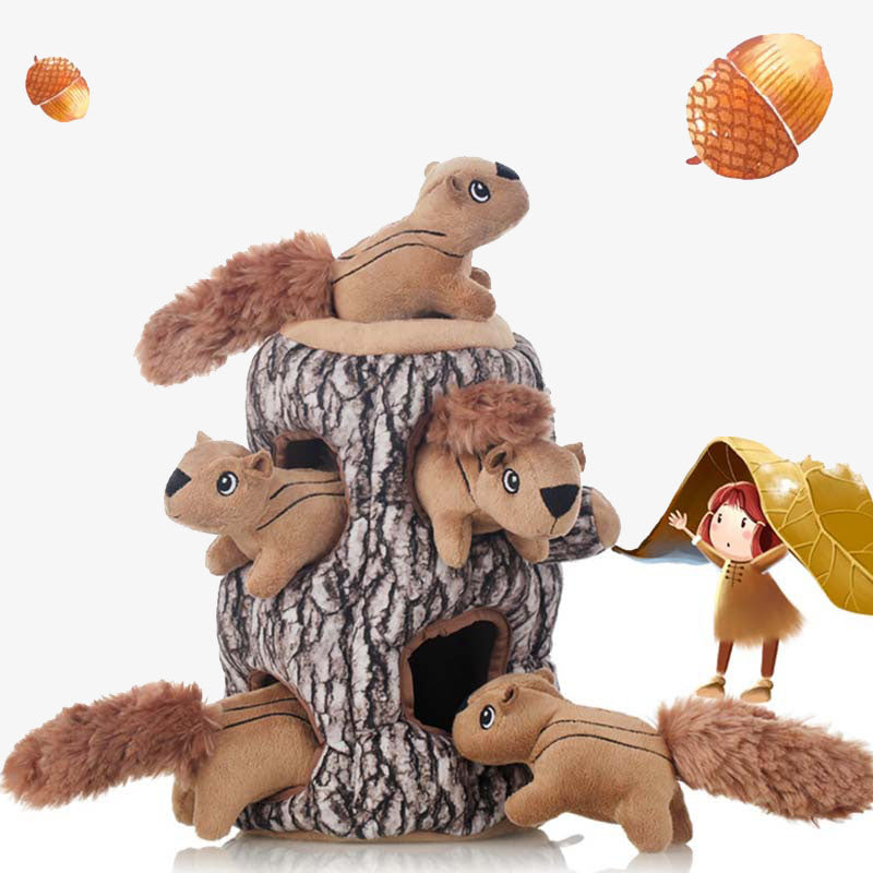 Plüsch-Hundespielzeug Eichhörnchen, Baumstamm-Design, interaktives Haustierspielzeug, braun.