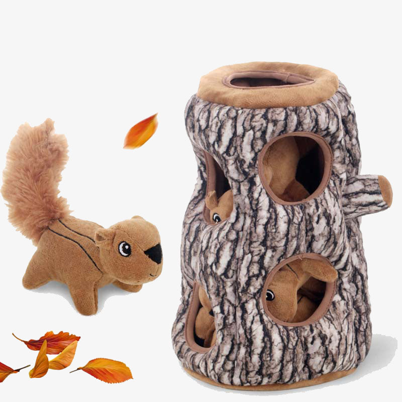 Hundespielzeug Baumstamm mit Eichhörnchen, interaktiv, Plüsch, braun, für Hunde und Katzen.