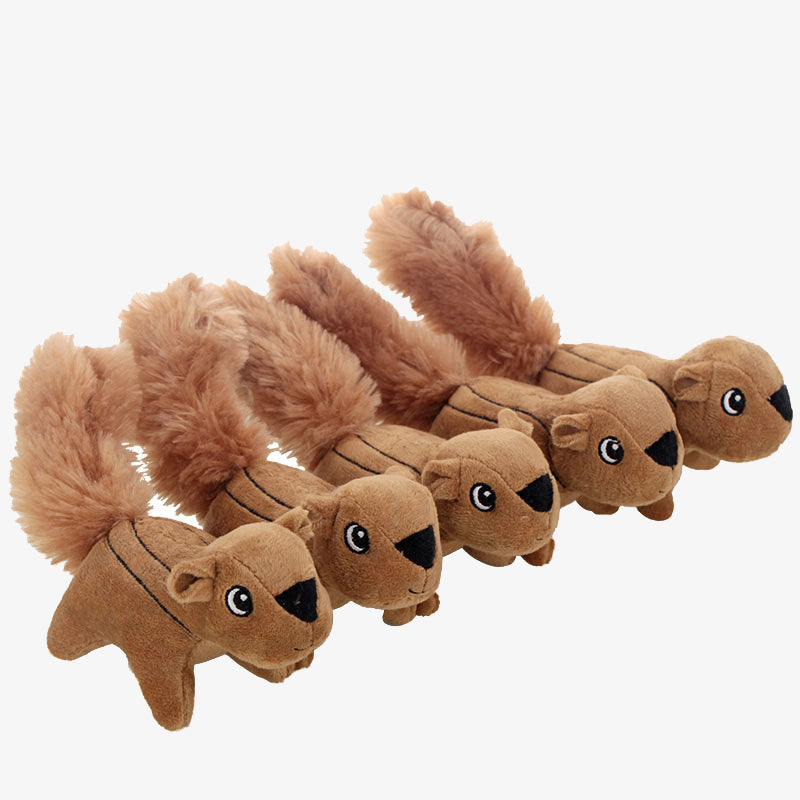 Fünf braune Plüsch-Eichhörnchen Hundespielzeug, interaktiv, langlebig, für Haustiere.