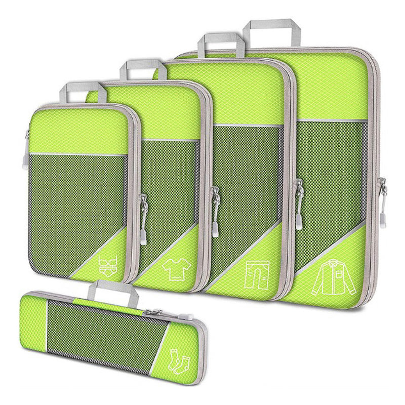 Grüne Kompressions-Packwürfel Set, Reise-Organizer, leicht, platzsparend, mit Reißverschluss.