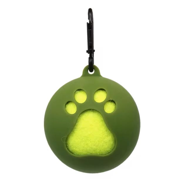 Grüner Hundekotbeutelspender mit Pfotenmotiv, Karabinerhaken. Praktisches Zubehör für Hundehalter, ideal für Spaziergänge und Reisen.