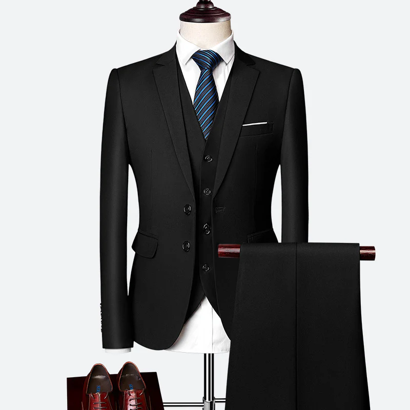 Schwarzer Herrenanzug mit Weste, Krawatte und Hose, ideal für Business-Anlässe.