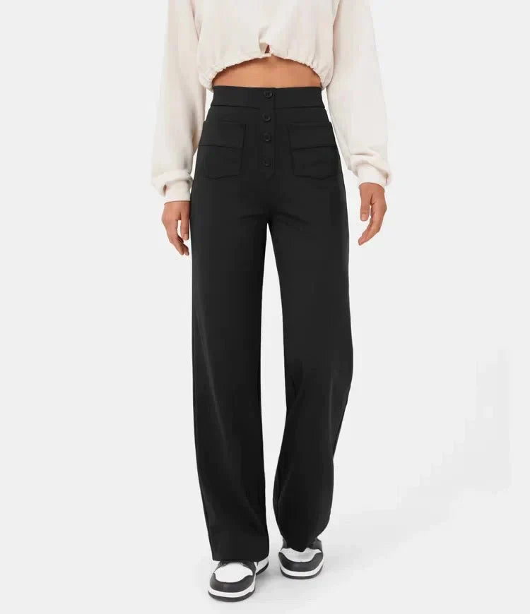 Damenhose mit hoher Taille, elastisch, schwarz, lässig. Perfekt für Freizeit und Büro. Modische, bequeme Passform. Ideal für jeden Anlass.
