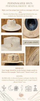 Personalisierter Hut aus beigem Wildleder mit Kaktus- und Vogelstickerei. Perfekt für individuelle Mode, handgefertigte Accessoires, Unikate.