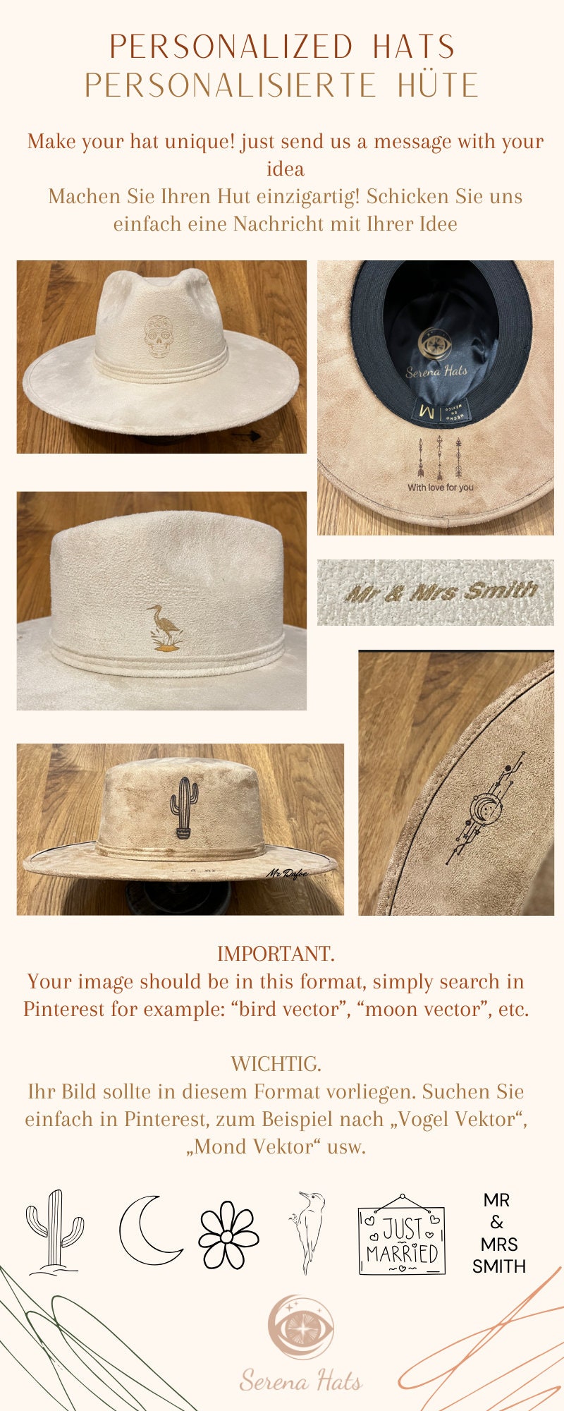 Personalisierter Hut aus beigem Wildleder mit Kaktus- und Vogelstickerei. Perfekt für individuelle Mode, handgefertigte Accessoires, Unikate.