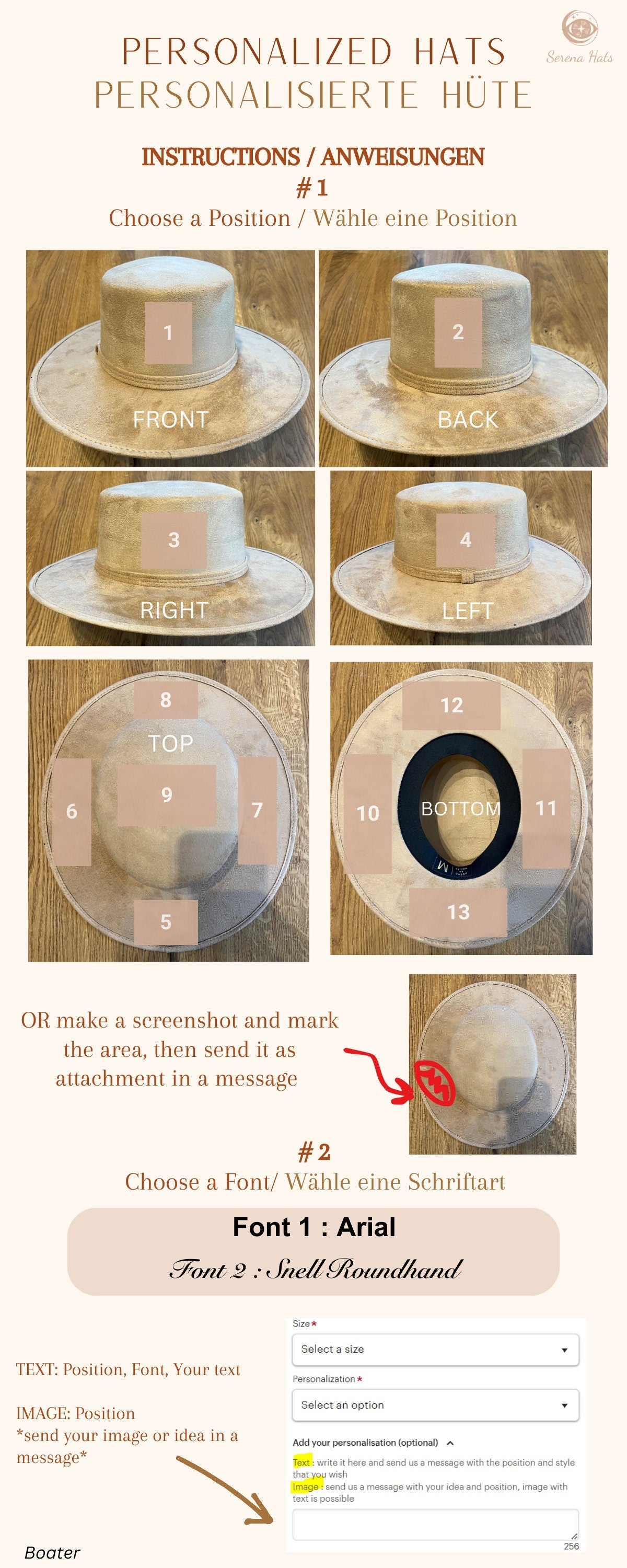 Personalisierter Hut aus Leder, anpassbar mit Text in verschiedenen Positionen. Ideal für individuelle Geschenke. Hochwertige Handwerkskunst.