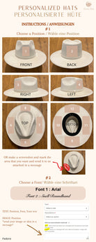 Personalisierter Fedora-Hut mit Anleitung zur individuellen Gestaltung. Wählen Sie Position und Schriftart. Perfekt für einzigartige Modeaccessoires.