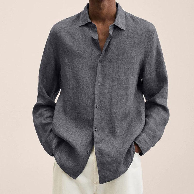 Graues Leinenhemd für Herren, lässig und stilvoll, ideal für Sommermode. Hochwertige Materialien, atmungsaktiv und bequem.