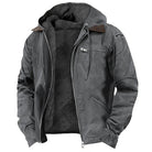 Graue Herrenjacke mit Kapuze, Reißverschluss und Brusttasche. Perfekt für Herbst und Winter. Modische, warme Outdoor-Bekleidung.