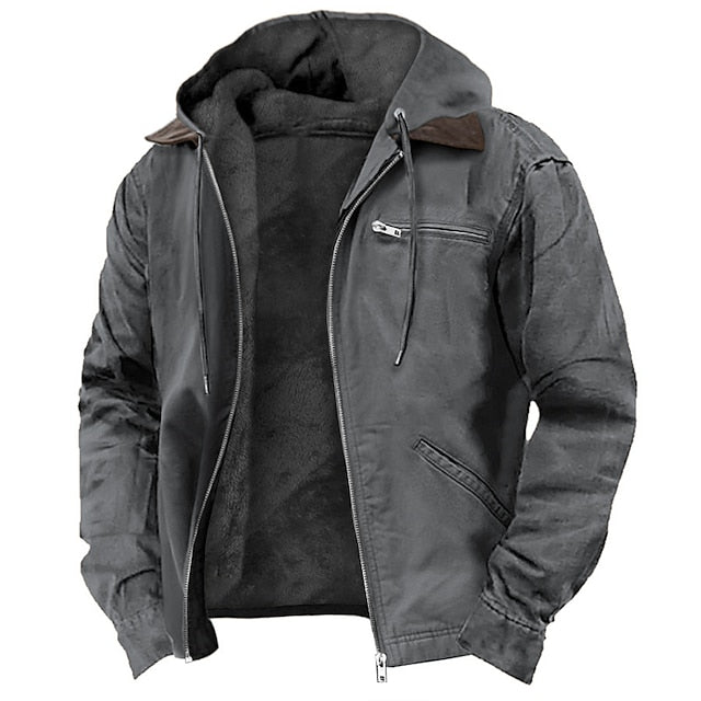 Graue Herrenjacke mit Kapuze, Reißverschluss und Brusttasche. Perfekt für Herbst und Winter. Modische, warme Outdoor-Bekleidung.