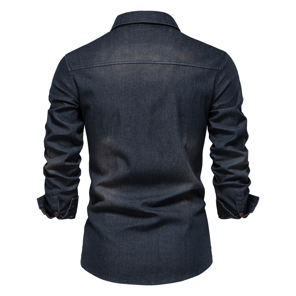 Dunkelblaue Jeanshemd für Herren, langärmelig, klassischer Kragen, modisch und vielseitig, ideal für Freizeit und Büro, hochwertige Baumwolle.