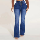Damen-Jeans mit hoher Taille und Schlag, Knopfleiste, blaue Denim-Hose, modisch, bequem, ideal für Freizeit und Alltag, trendige Passform.