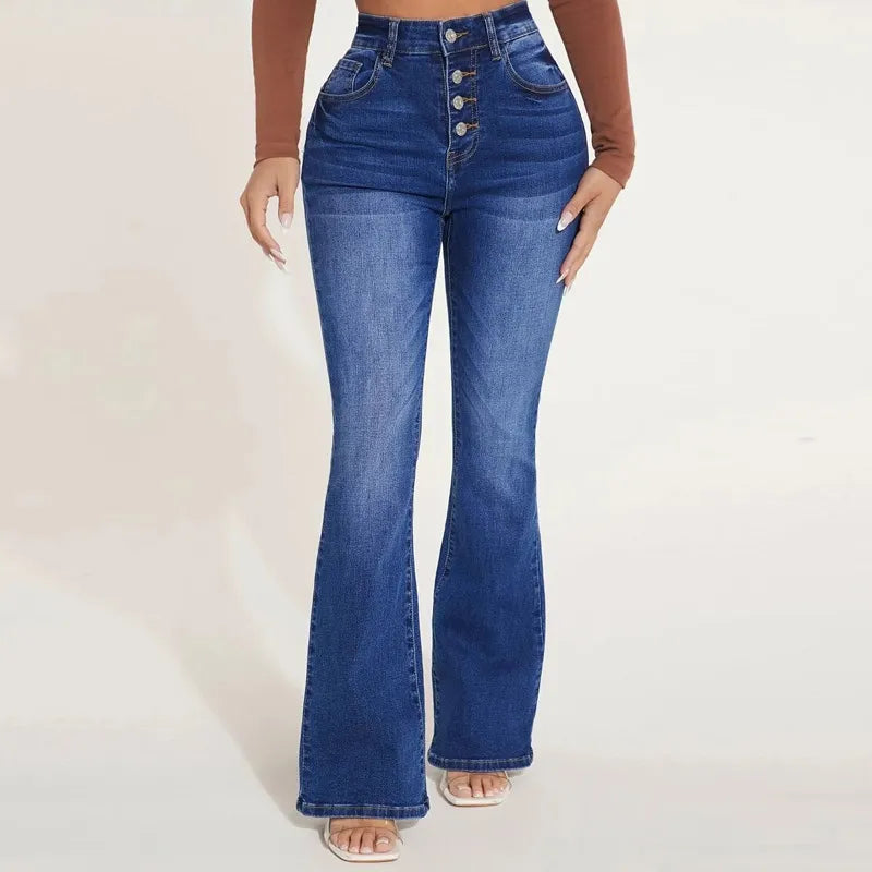 Damen-Jeans mit hoher Taille und Schlag, Knopfleiste, blaue Denim-Hose, modisch, bequem, ideal für Freizeit und Alltag, trendige Passform.