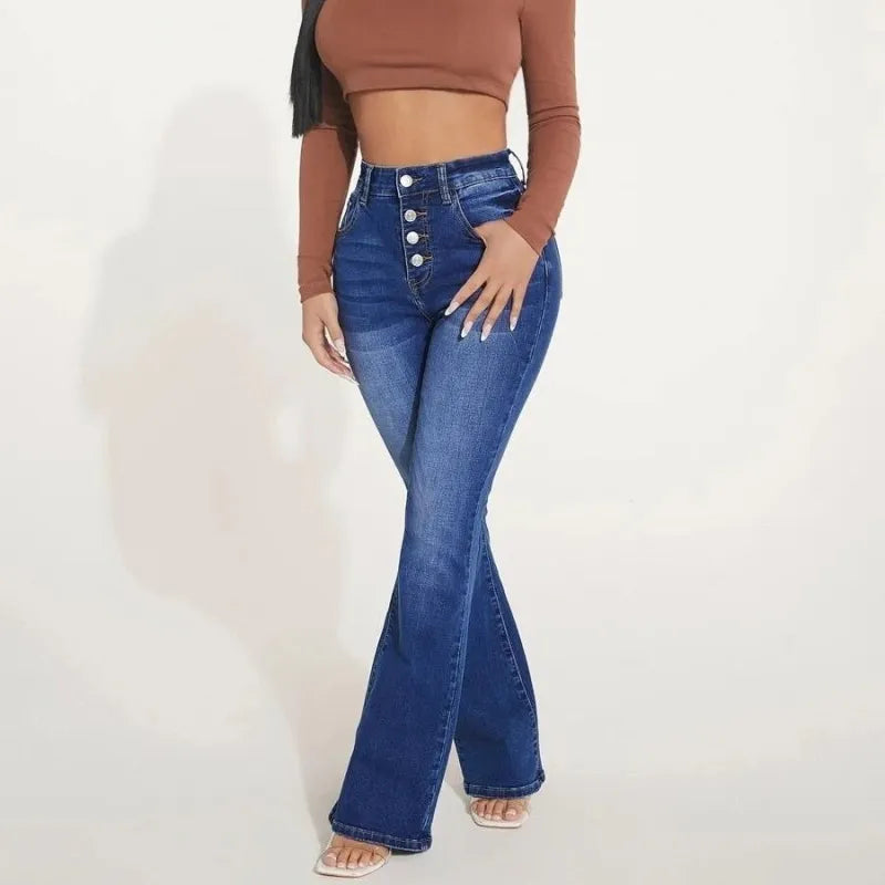 Damen-Jeans mit hoher Taille und ausgestelltem Bein, Knopfleiste, dunkelblau. Modische Schlaghose, ideal für trendige Freizeitoutfits.
