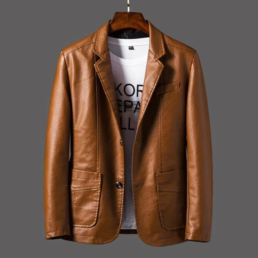 Herren-Lederjacke, braun, mit Reverskragen, Business-Stil, PU-Blazer, koreanisches Design, schlank, modisch, ideal für Herbst und Winter.