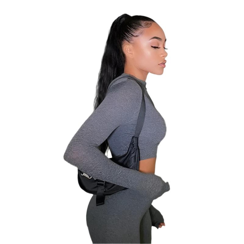 Damen-Sportset in Graphit, bestehend aus langärmligem Oberteil und Leggings. Ideal für Fitness und Yoga. Bequem und stilvoll.