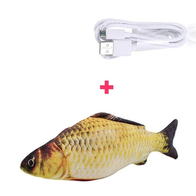 USB-Ladekabel und realistisches Fischspielzeug aus Stoff für Katzen, gelb-braun.
