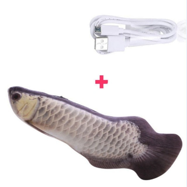 USB-Ladekabel und Fisch-förmiges Katzenspielzeug, grau, realistisch, interaktiv.