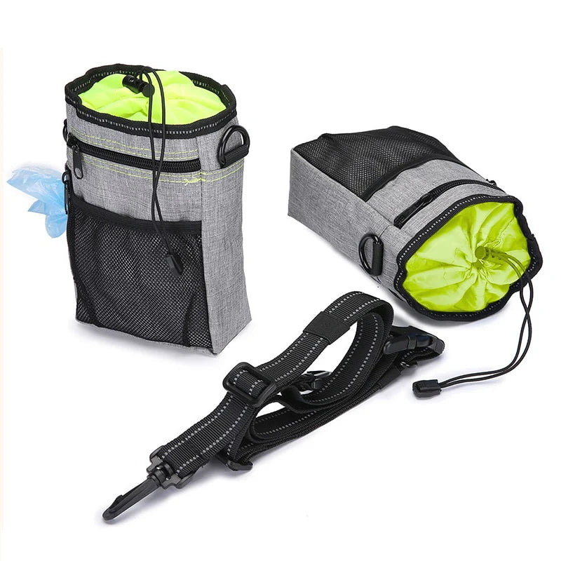 Graue Hundeleckerli-Tasche mit Netzfächern und verstellbarem Gurt, ideal für Training.