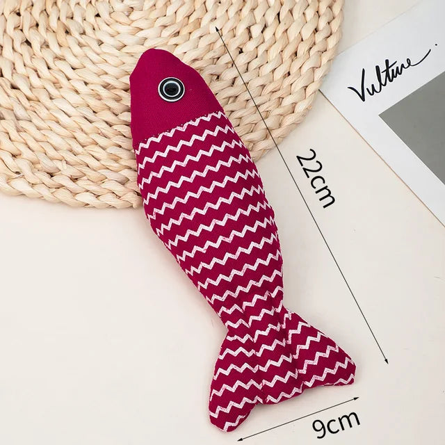 Rotes Fischspielzeug aus Stoff mit Zickzackmuster, 22 cm lang, ideal für Katzen. Perfektes interaktives Katzenspielzeug, langlebig und stilvoll.